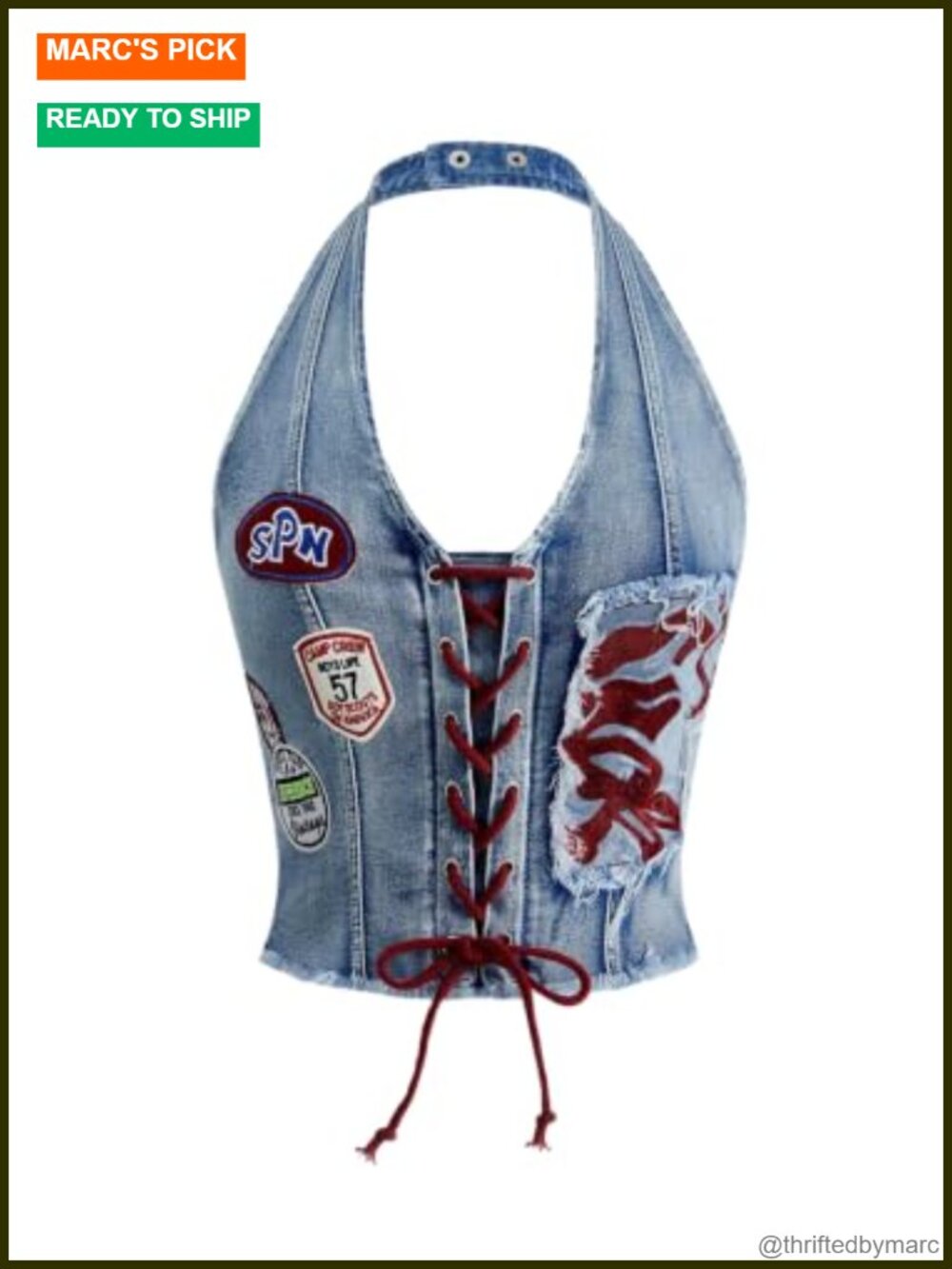 Y2K Denim Halter Corset Crop Top Lace Up Smocked Back